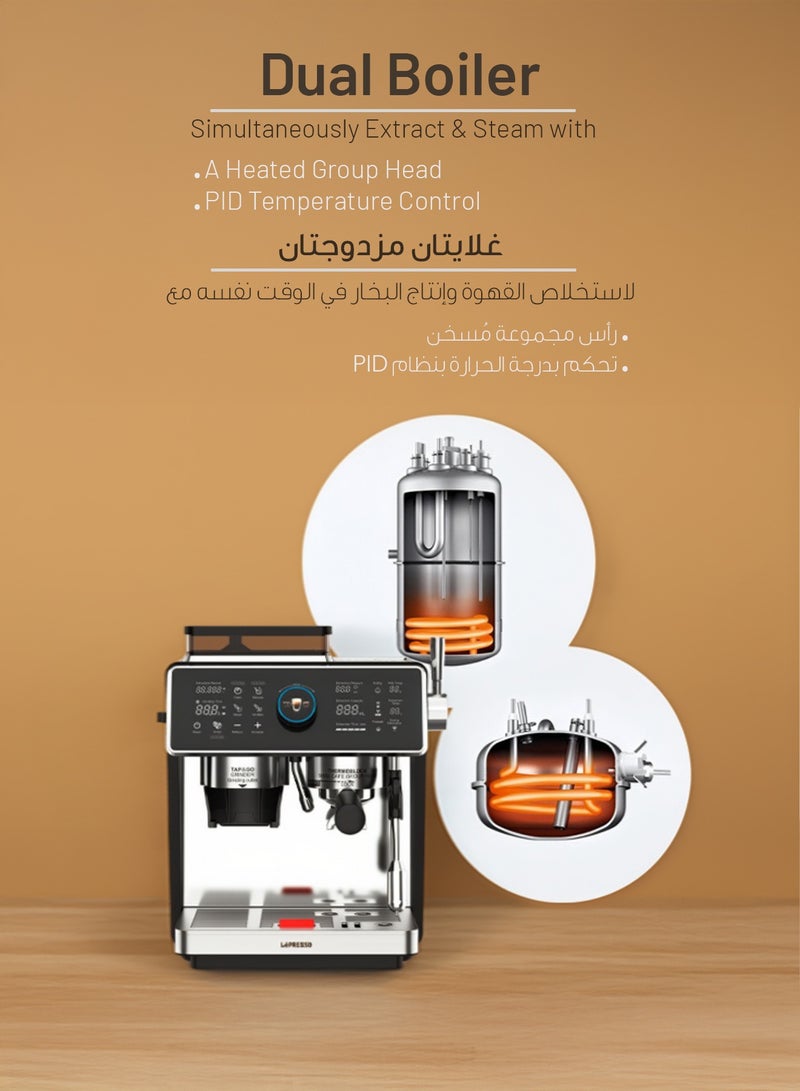 LePRESSO Semi Automatic Dual Boiler Coffee Machine with Touch Display & Adjustable Grinder, Espresso Maker, Milk Steamer, 20 Bar Pressure, Pitcher, Portafilter, Included Portafilter Bottomless 58mm Coffee Machines, Stainless Steel, Wood, Alloy(Ring), Ergonomic Design, Scoop & Tamper Included, Good for Home, Office, and more - Image 3